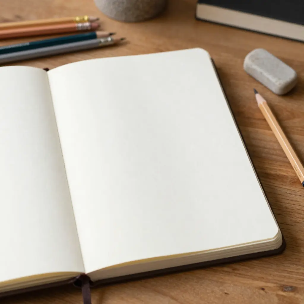 Open sketchbook with blank page in creative studio setting