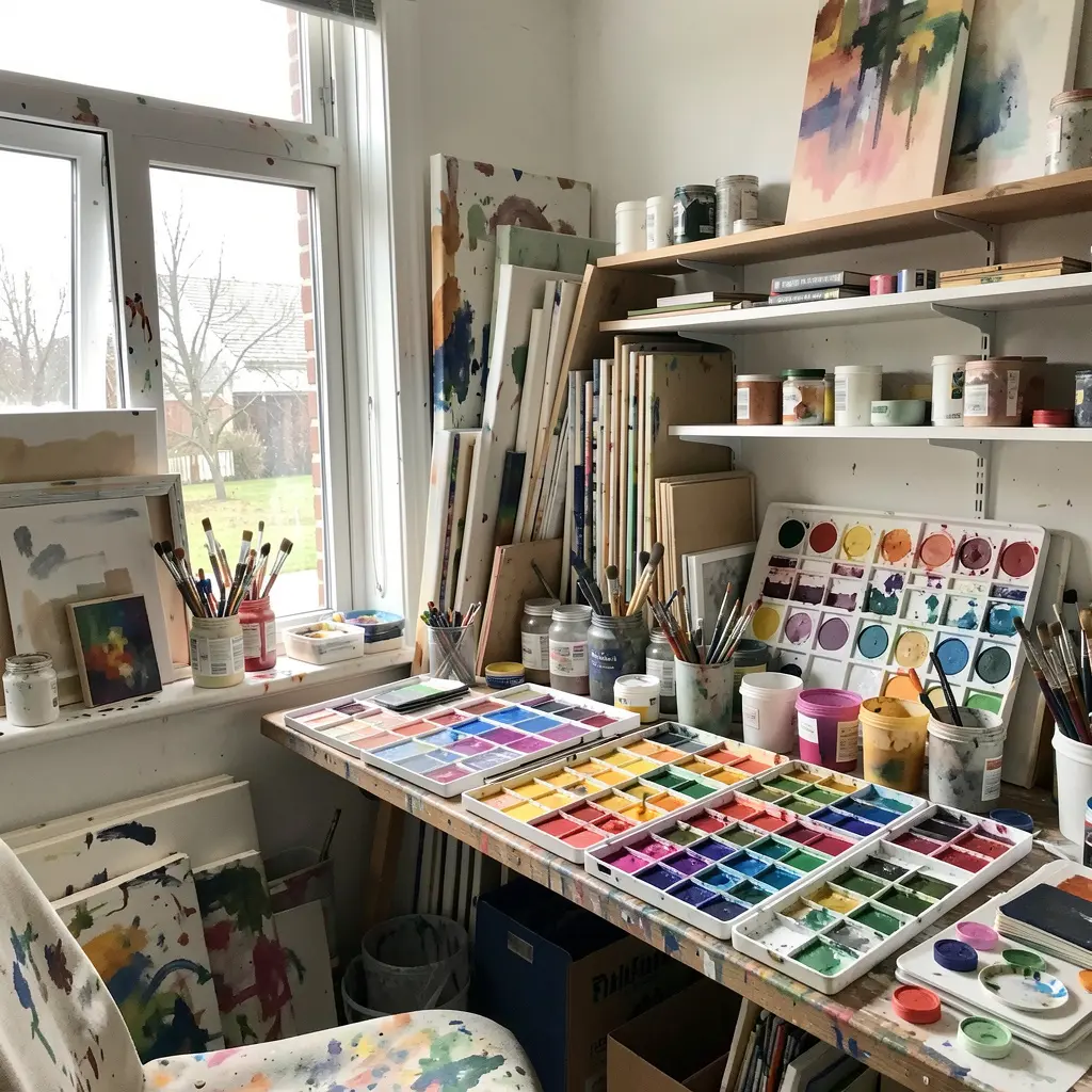 Creative art studio workspace with painting supplies and natural light